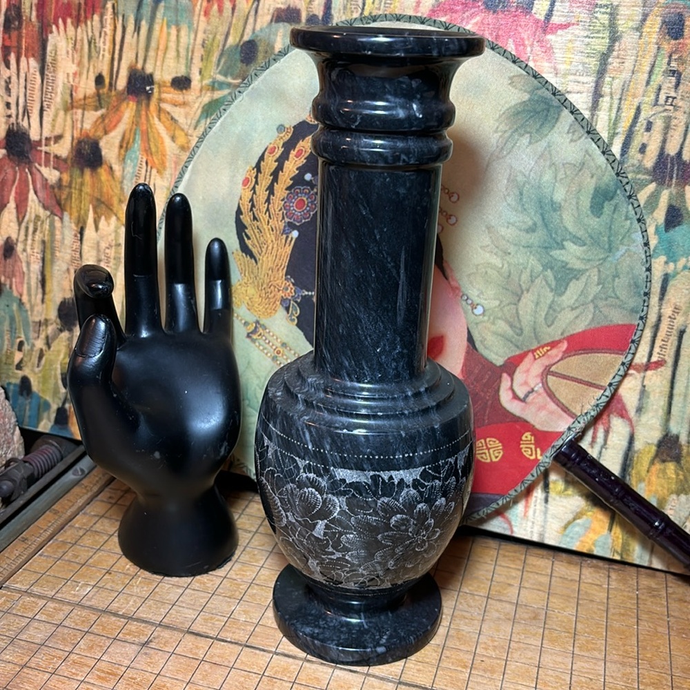 Marble Vase Black Etched Floral Heavy 2lb 1oz EUC 9.25”H x 3.5”D
